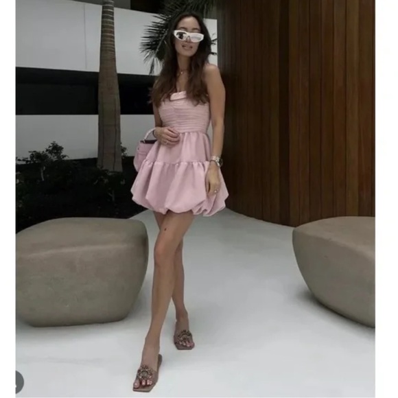 ZARA DRAPED BALLOON MINI DRESS WEDDING GUEST BEIGE PINK SMALL 3435/324 - Picture 9 of 9